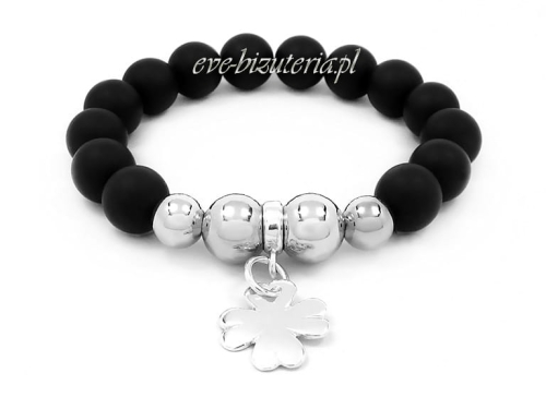 Onyksowa bransoletka z zawieszką koniczynką ze srebra próby 925 0544.jpg